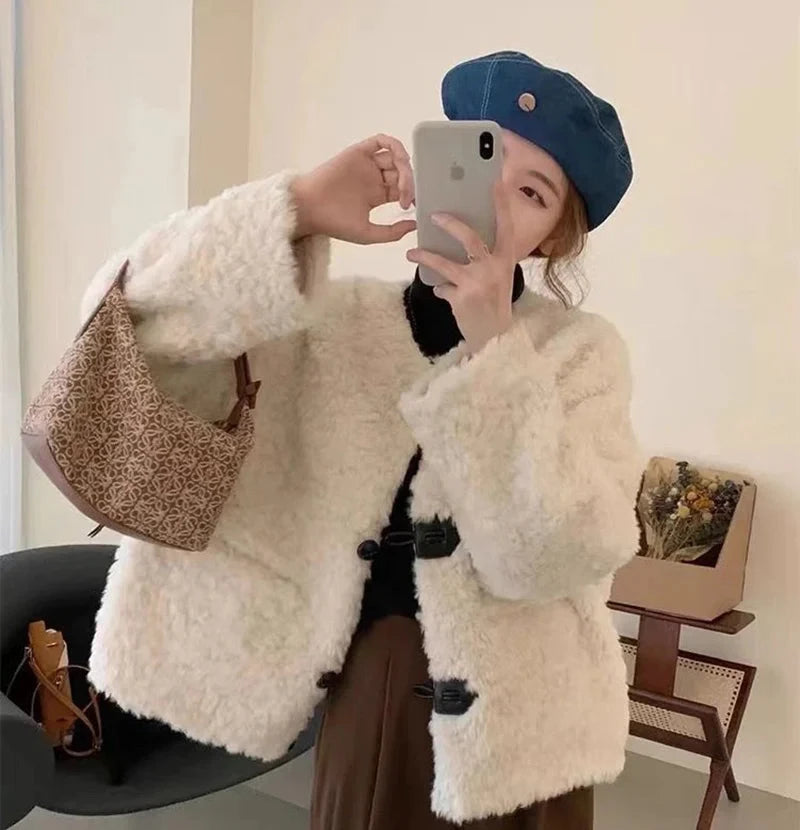 Korean Winter Faux Lamb Coat Women Slim Long Sleeve Warm Sweet Jacket Preppy Style Casual O Neck Female Cute Solid Tops New voguable