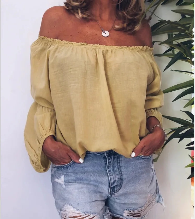 Voguable  Oversized Off Shoulder Casual Slash Neck Pleated Solid Color Long Sleeved Blouse Spring  Lightweight Loose Simple Women's Shirt voguable
