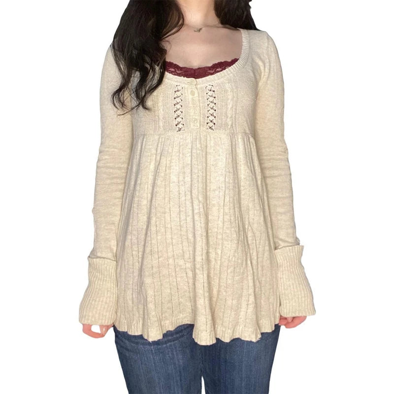 Vintage Babydoll Tops Pullovers Lady Aesthetic Coquette Knit Sweaters Outfit Autumn Square Neck Long Sleeve Knitwear Jumpers Y2k voguable