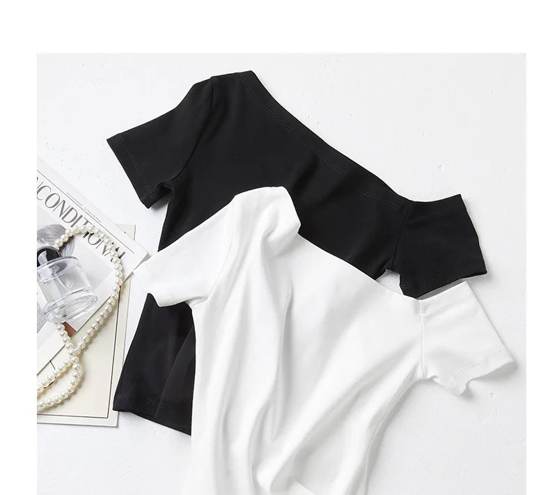 Solid Off Shoulder Short Sleeve T Shirt Simple Basic Sexy Single Sleeved Jumper Top Streetwear Slim Fit Female Y2K Clothes Tees voguable