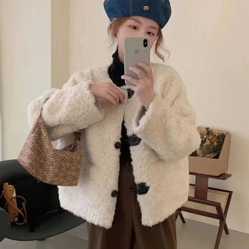 Korean Winter Faux Lamb Coat Women Slim Long Sleeve Warm Sweet Jacket Preppy Style Casual O Neck Female Cute Solid Tops New voguable