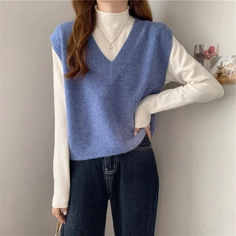 Women's Sweater Yellow Vest Short Knit Tops for Woman Green Crop V-neck Korean Style Winter Thermal Blouse Tall Long Sleeve Warm voguable
