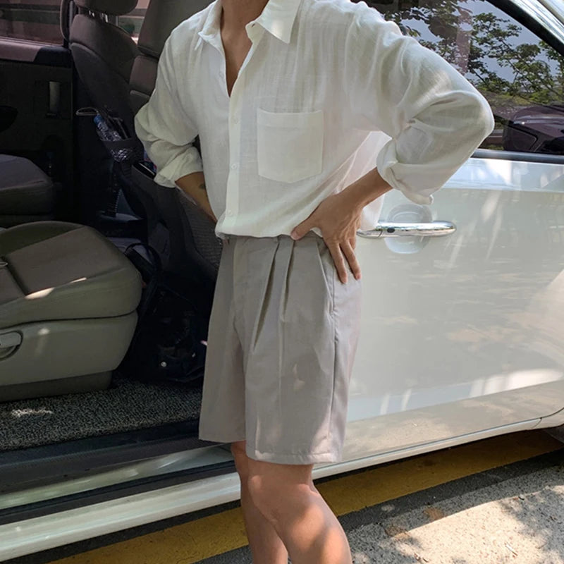 Men's Clothing Light Luxury Korean Popular Linen Shirts Streetwear Long Sleeve Solid Color Retro Leisure Thin Pocket Blouse voguable