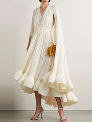 Elegant Big Swing Irregular Ruffles Party Maxi Dresses For Women Cloak Sleeves Spliced Lace Up Pleated Dress 2025 New voguable