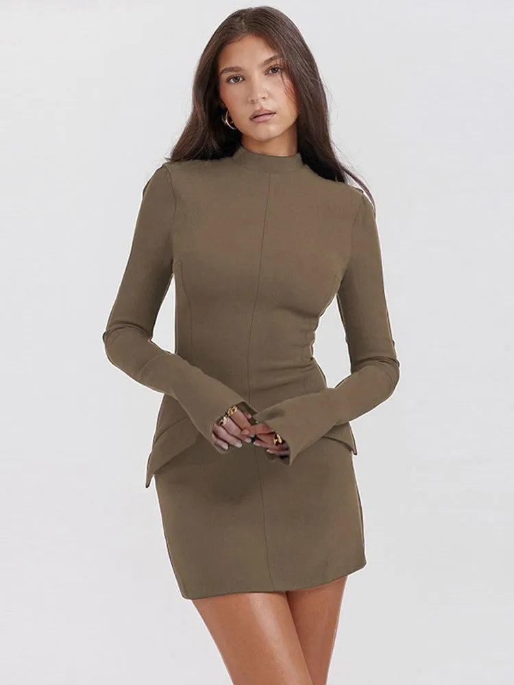 Elegant Dark Blue Solid High Waist Mini Dress Women Fashion Pocket decora Long Sleeve Bodycon Dresses  Chic Party Club Robes voguable