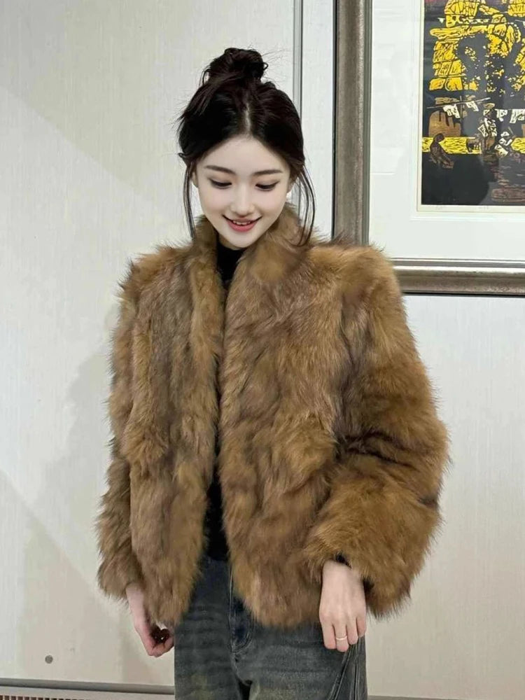 Elegant Vintage Faux Fur Coat Women Slim Long Sleeve Winter Faux Fox Jacket Korean Casual Open Stitch Retro Soft Warm Outwear voguable