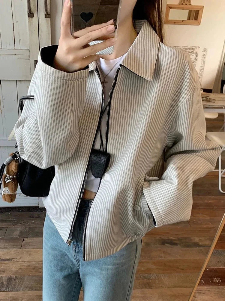 Striped Vintage Y2K Jacket Women Design Double Sided Wear Loose Streetwear Coat Casual American Fall Winter Long Sleeve Top voguable
