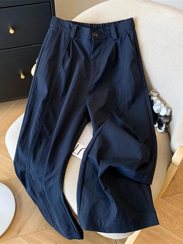 Casual Elegant Wide Leg Pant Women Vintage High Waist Loose Korean Trousers Fall Winter Pockets Solid Simple Retro Pants voguable