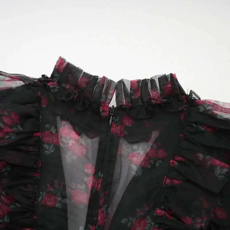 Mesh See-through Women Dress Zipper Flowers Edible Tree Fungus Design Stand Collar Full Sleeve 2025 Dresses Female voguable
