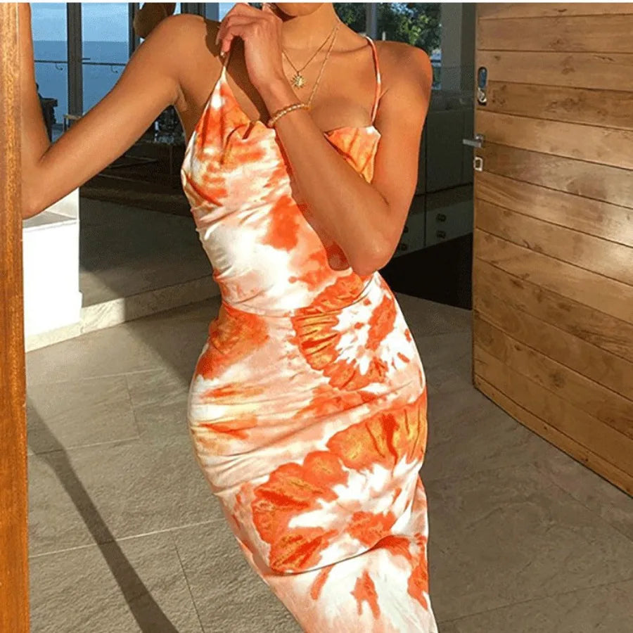 Voguable  European and American summer hit  tie-dye print sexy back -strap mid-long suspender dress voguable