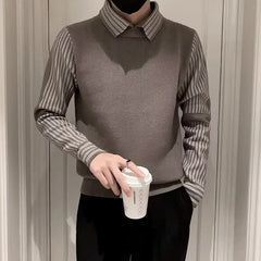 Autumn Winter Fake Two Pieces Fashion Harajuku Sweaters Men Loose Casual Knitting Tops All Match Pullover Chic Business Jumpers voguable