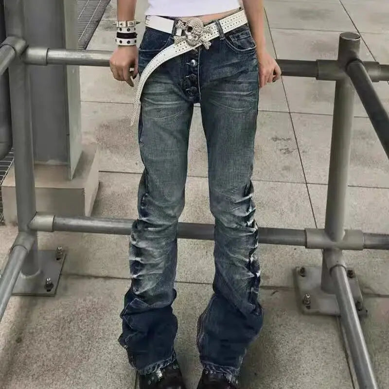 Voguable  American Retro Vintage Denim Pants Mid Rise Multi Button Front Ruched Leg Slim Bootcut Y2K Daily Streetwear Bottoms Streetwear voguable