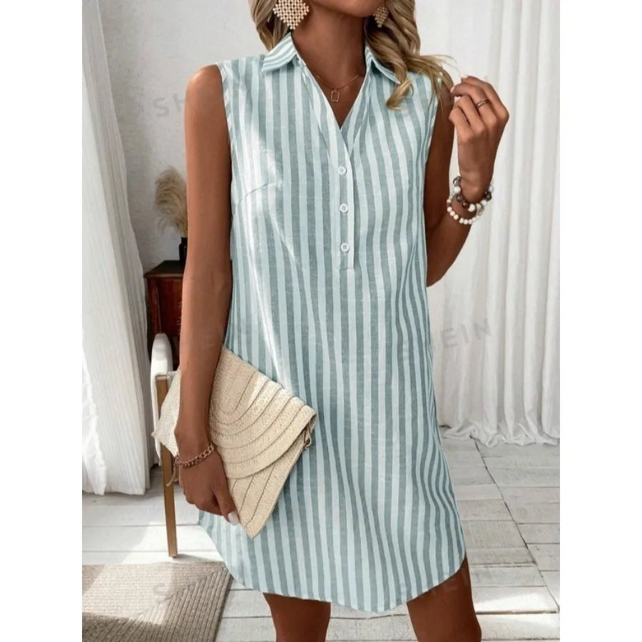 Voguable  new European and American - hot sale sleeveless V-neck stripe fashionable loose button shirt dress voguable