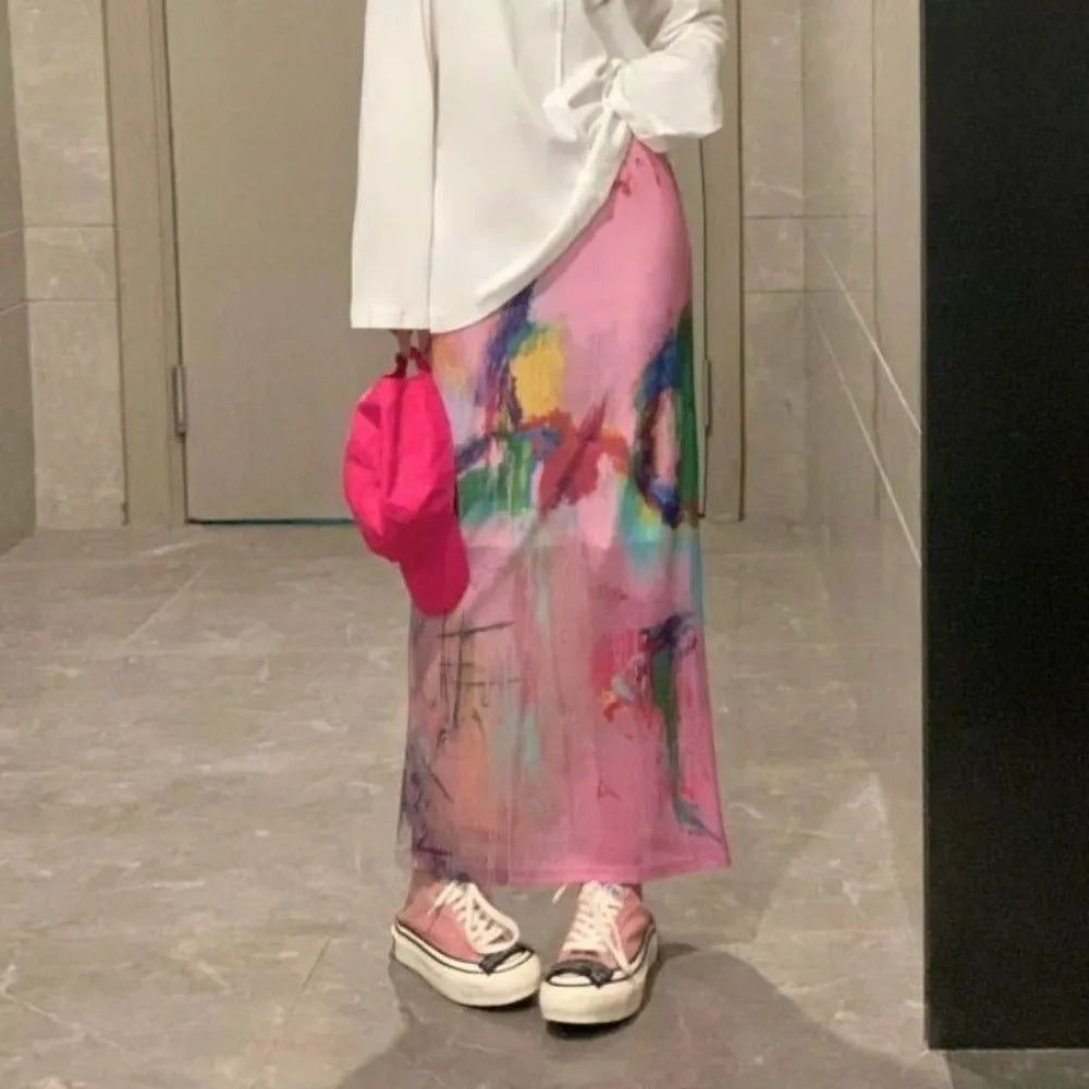Voguable  A-line High Waist Mid-length New Skirt Personalized Korea Streetwear Print Mesh Falda Straight Vent All-match Fresh Skirt voguable