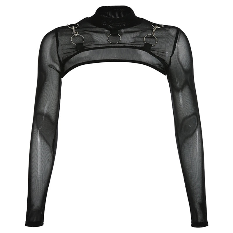 y2k Crop Top Women Gothic Clothing See Through High Neck Long Sleeve Mesh T Shirt Fairy Grunge Clothes 2000s Streetwear voguable