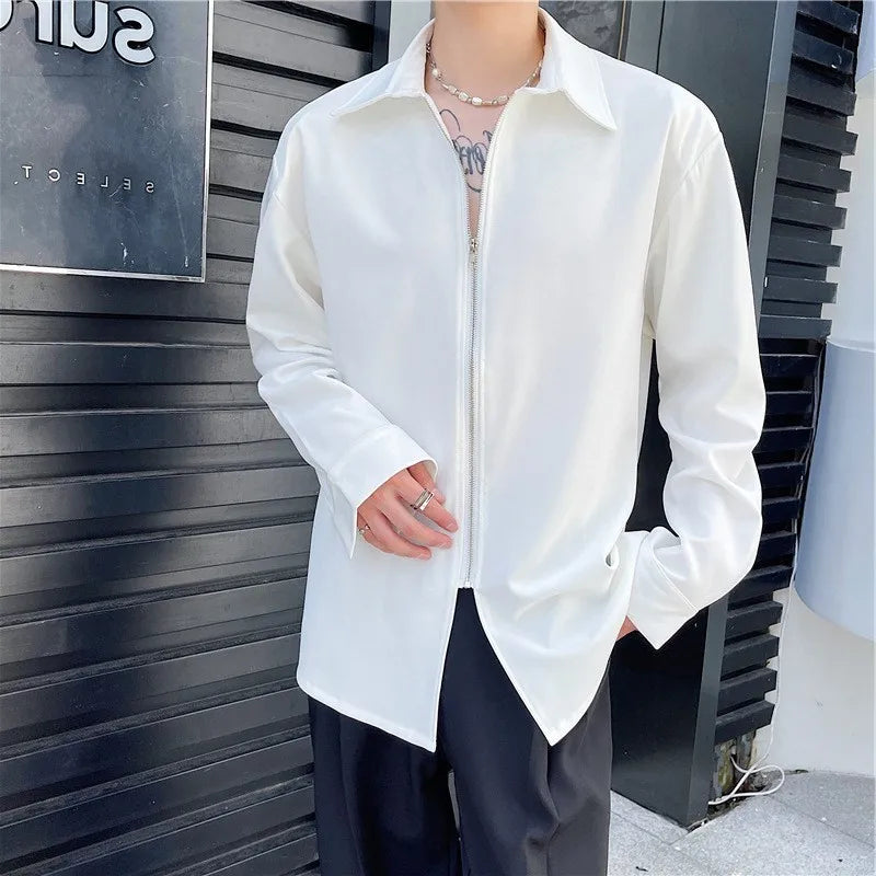 Autumn Men's Clothing Luxury Drooping Zipper Shirts Retro Premium Long-sleeved Solid Color Korean Popular Business Leisure voguable