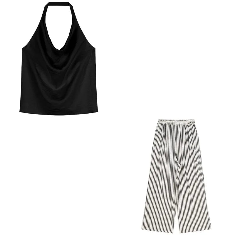 Voguable 2024 Summer New Streetwear Contrast Color Striped Loose Casual Wide Leg Pants Women + Backless Sexy Camisole Two-piece Suit voguable