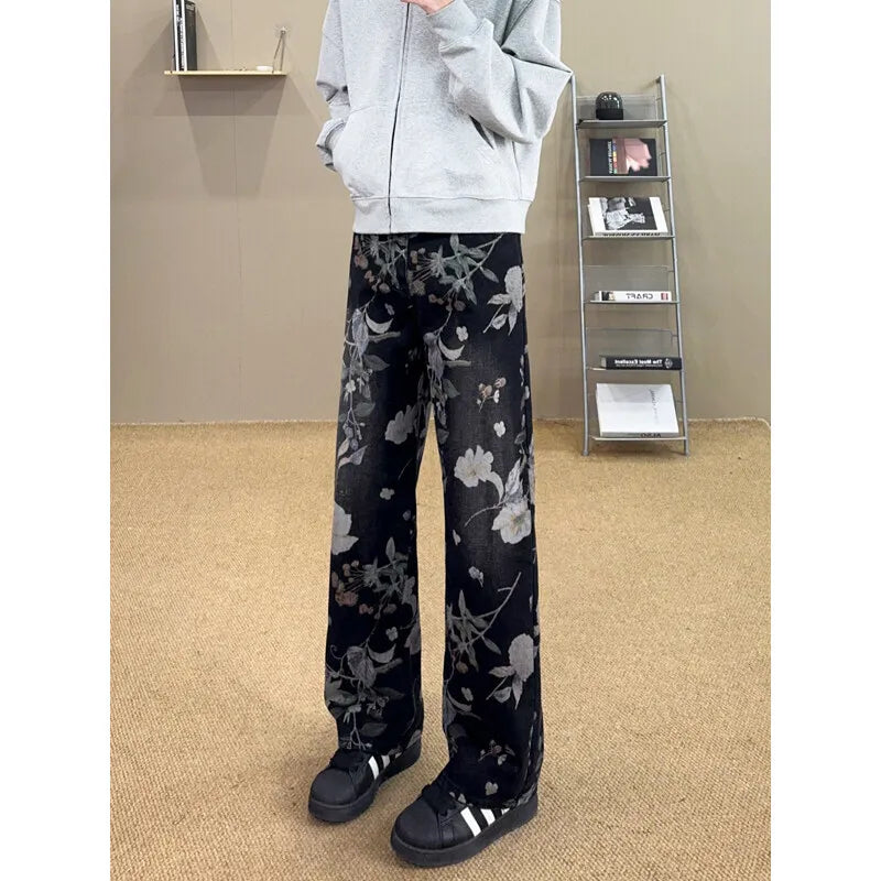 Flower Jeans Men Fashion Retro Printed Jeans Men Streetwear Hip-hop Loose Straight Jeans Men Baggy Vintage Denim Trousers voguable