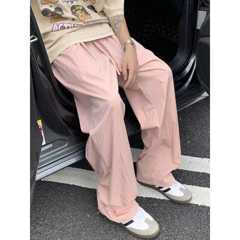 Summer Thin Casual Pants Men Fashion Pink Wide Leg Pants Men Streetwear Hip-hop Loose Straight Ice Silk Pants Mens Trousers voguable