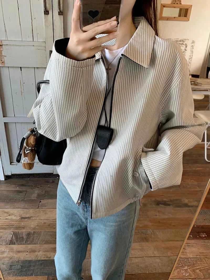 Striped Vintage Y2K Jacket Women Design Double Sided Wear Loose Streetwear Coat Casual American Fall Winter Long Sleeve Top voguable