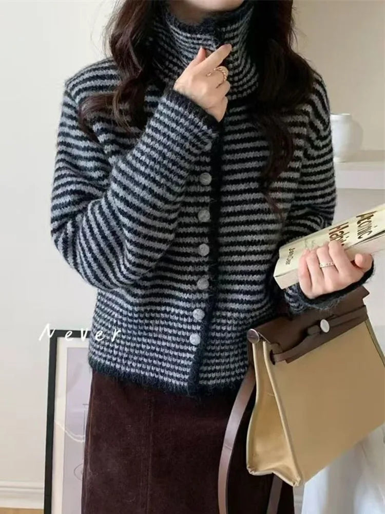 Harajuku Y2K Striped Cardigan Women Vintage Loose Casual Knitted Sweater Fall Winter Japan Retro Long Sleeve Female Soft Tops voguable