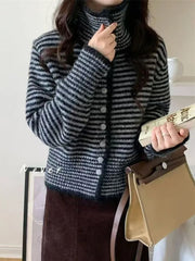 Harajuku Y2K Striped Cardigan Women Vintage Loose Casual Knitted Sweater Fall Winter Japan Retro Long Sleeve Female Soft Tops voguable