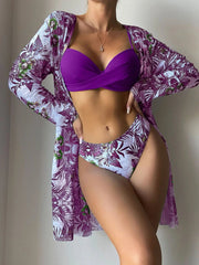 Voguable  Print Beach Cover Up And Bikini Set Sexy Swimwear Women Hollow Out Swimsuit High Waist Biquini Female Three Piece Beachwear voguable
