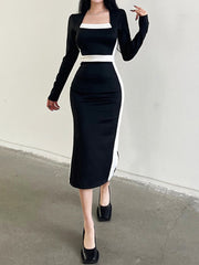 Black Stripe Patchwork Midi-Long-Sleeve Dress mysite