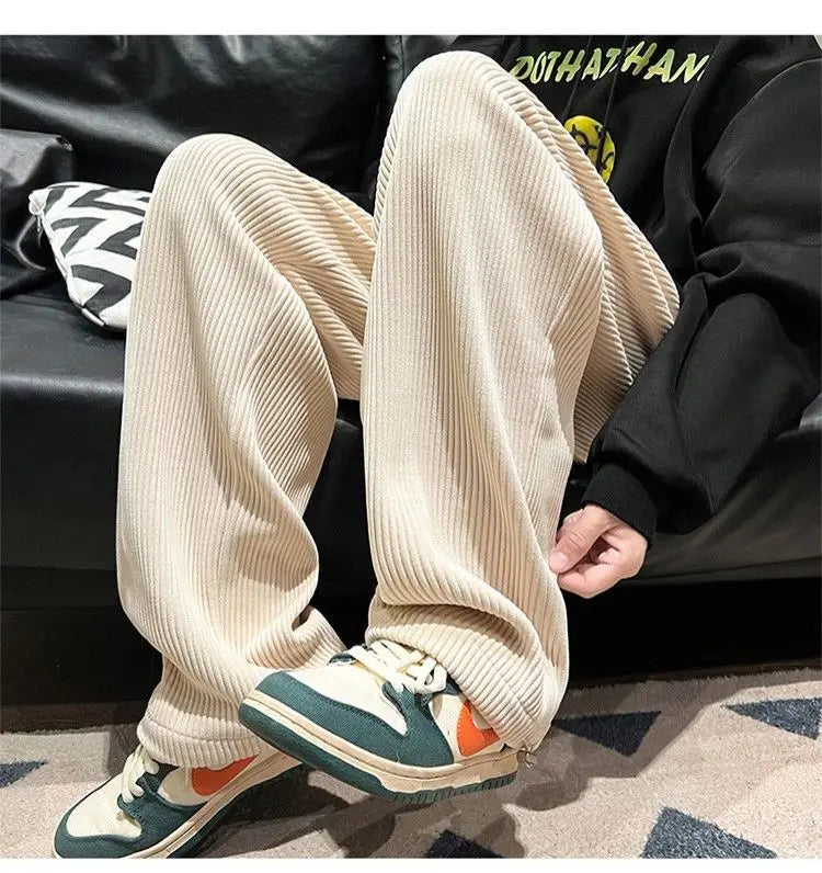 Autumn Corduroy Straight Trousers Men Loose Solid Casual Drape Trousers Harajuku Fashion Drawstring Street Wide Leg Sweatpant voguable