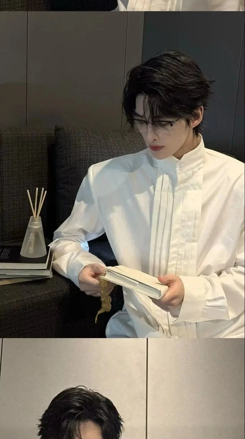 Spring New Niche Shirt Deconstructed Stand Collar Long-sleeved Shirt Men's Mature Elegant Youth Design Feel Loose Casual Blouse voguable