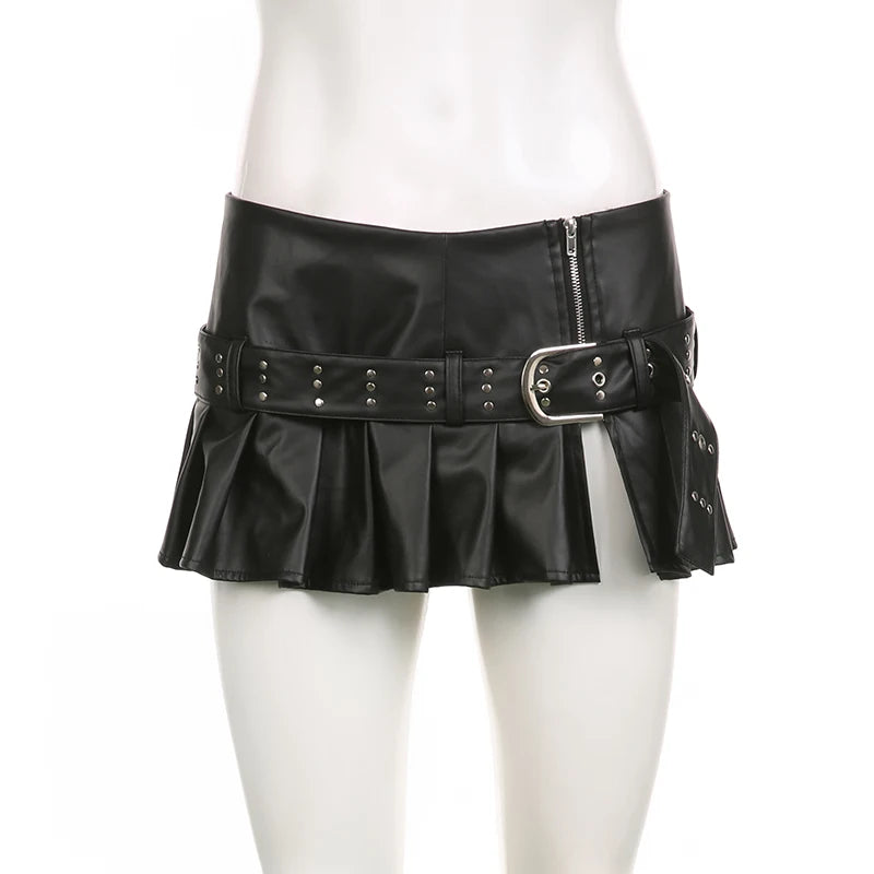 Voguable  Sexy Pu Leather A-line Pleated Mini Skirt Black Dropped Waist Slit Super-short Skirts With Belt Women Punk Streetwear voguable