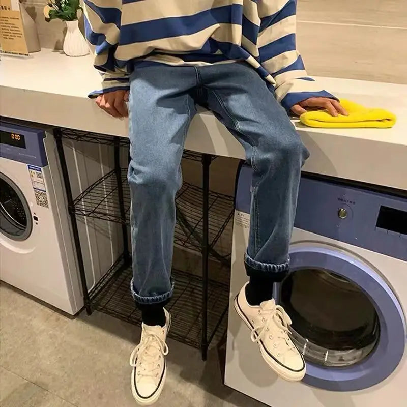 KPOP Fashion Style Harajuku Slim Fit Trousers Thickening All Match Casual Pants Pockets Straight Cylinder Korean Style Jeans voguable