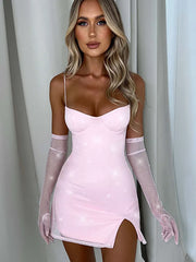 Sparkle Sexy Mini Dress Women New Spaghetti Strap With Sleeve Backless Sleeveless Glitter Club Party Sexy Dress voguable