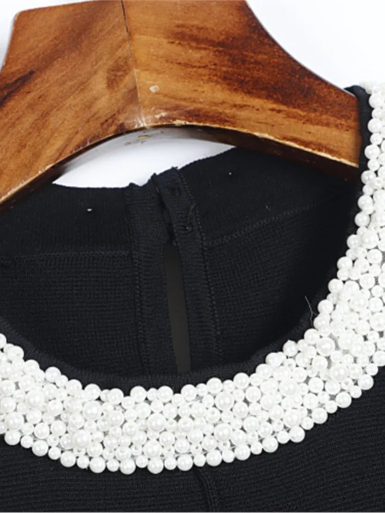 Pearl Beading Elegant Short Dress Fashion Black White Patchwork Knitting Summer Dress 2025 Sleeveless Ruffle Chic New Dress Lady voguable