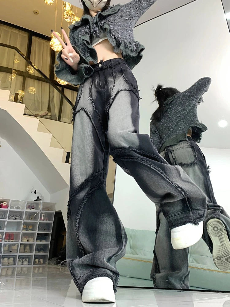 Y2k Vintage Jeans Women Wide Leg Pants High Waist Hip-hop Streetwear Black Trouser Retro Baggy Denim Pants Aesthetics voguable