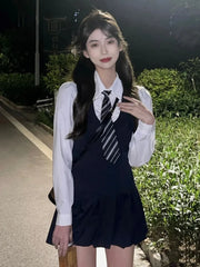 Voguable  Casual Korean Style Two-piece Dress Women 2023 Autumn White Long Sleeve Shirt Elegant High Street Sleeveless Mini Strap Dress voguable