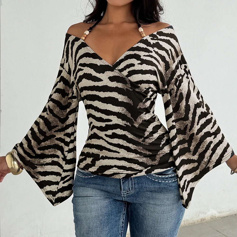 Voguable  Fashion Leopard Printing T-shirts Bead Halter Off Shouler V Neck Flare Sleeve Loose Fit Female Tie Up Sexy Ladies Tops Clothes voguable