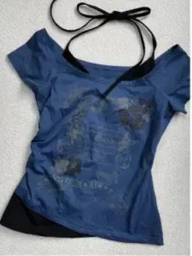 Voguable  Summer Fake Two Pieces Vintage T-shirts Halter Bandage Y2k Aesthetic Slim Crop Grunge Print Tops Women Harajuku Casual Sexy Tee voguable