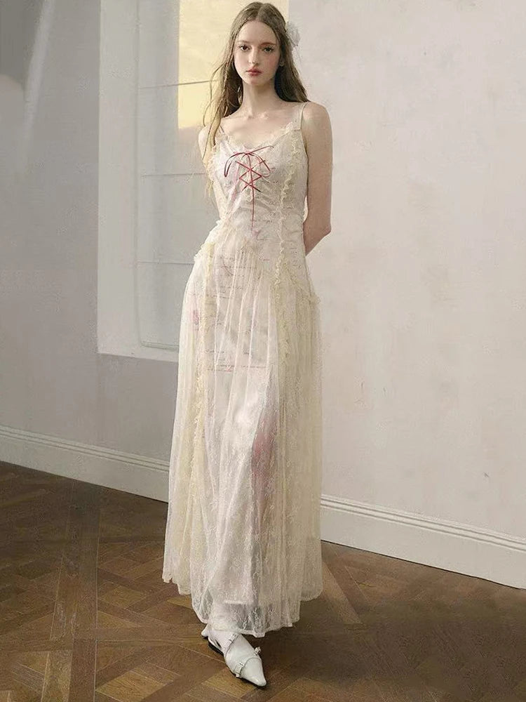 Elegant Lace Patchwork Camis Dress Women Summer Sexy Backless Hollow Out Midi Dress Y2K Fashion Lace Up Streetwear Vestidos voguable