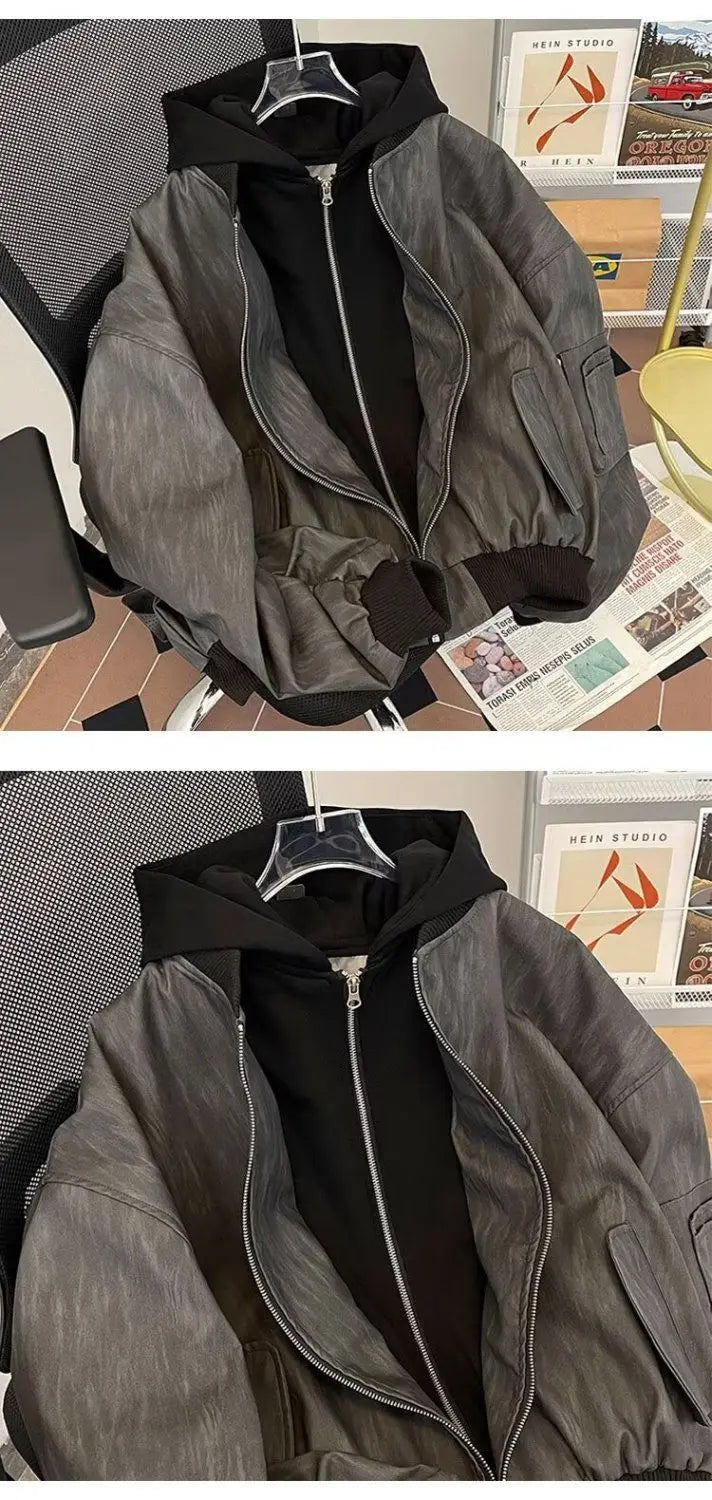 American Double Zipper Jacket Men's Hip Hop Simple Varsity Jacket Loose Fake Two Piece Hooded Outdated PU Leather Coat voguable