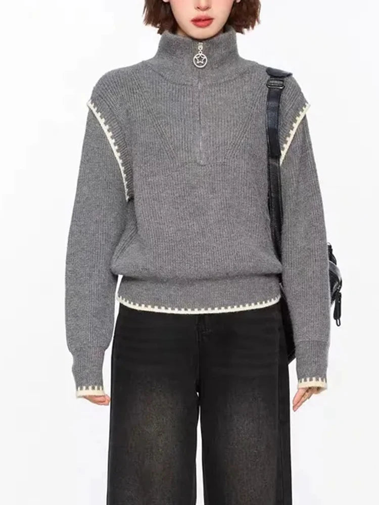 Streetwear Retro Gray Sweaters Women Loose Harajuku Long Sleeve Knitted Pullover Y2K American Turtleneck Vintage Jumper New voguable