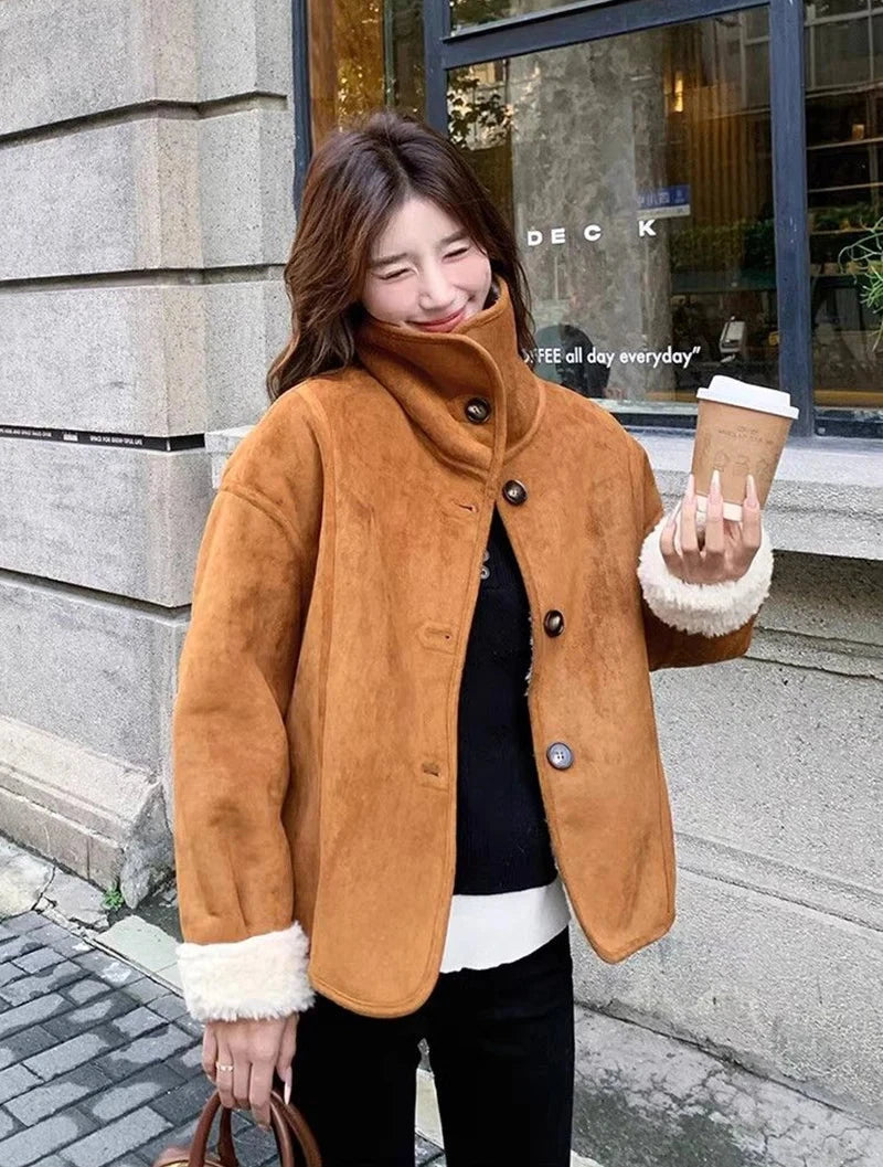 Y2K Faux Lamb Suede Jacket Women Warm Winter Streetwear Retro Coat Korean Casual Loose Long Sleeve Single Breasted Outwear voguable