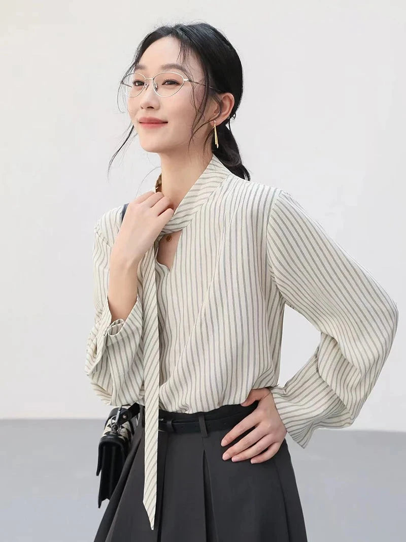 Elegant Lace Up Striped Blouse Women Fall Chic Hollow Out Long Sleeve Sweet Shirt Korean High Quality Loose Fashion New Top voguable