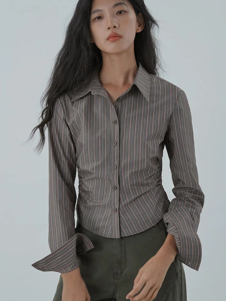 American Retro Slim Striped Shirt Fall Long Sleeve Harajuku Y2K Blouse Casual Vintage Female Streetwear Gothic Hip Hop New Tops voguable
