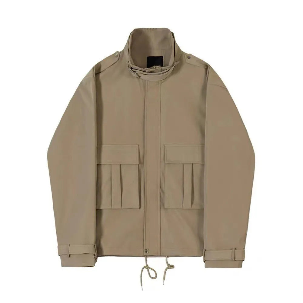 Autumn Khaki Short Workwear Jackets for Men 2024 Korean Fashion Handsome Fake Two-piece Lapel Japanese Retro Men Jacket Coat voguable