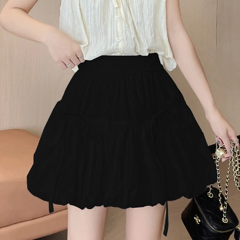 Voguable  Sweet Bow Pleated Fluffy Skirts for Women Summer Korean Style Elastic Waist Lantern Skirt Woman Loose White A-Line Short Skirts voguable