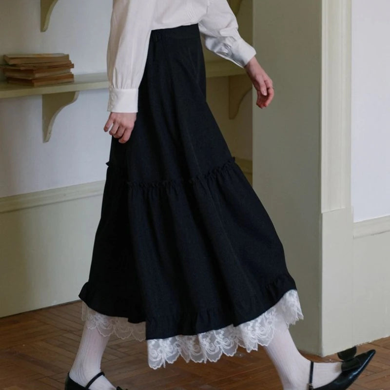 Japanese Style Long Skirt Women Vintage Harajuku Gothic Black Skirts Elegant Lace Patchwork Autumn Winter A-line Skirt voguable