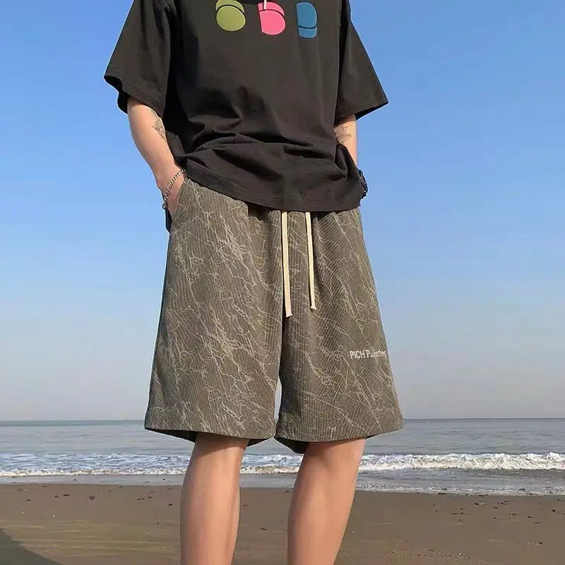 Summer Beach Casual Shorts Men Embroidered Geometric Prints Unisex Baggy Shorts Sweatpants Women Elastic Waist Couple's Shorts voguable