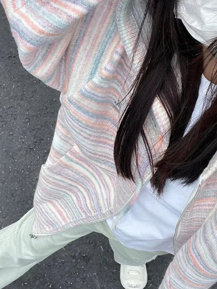 Japanese Y2k Rainbow Striped Kawaii Cardigans Women Autumn All Match Hooded Sweaters Loose Zipper Grunge Knitted Coat Pull Femme voguable