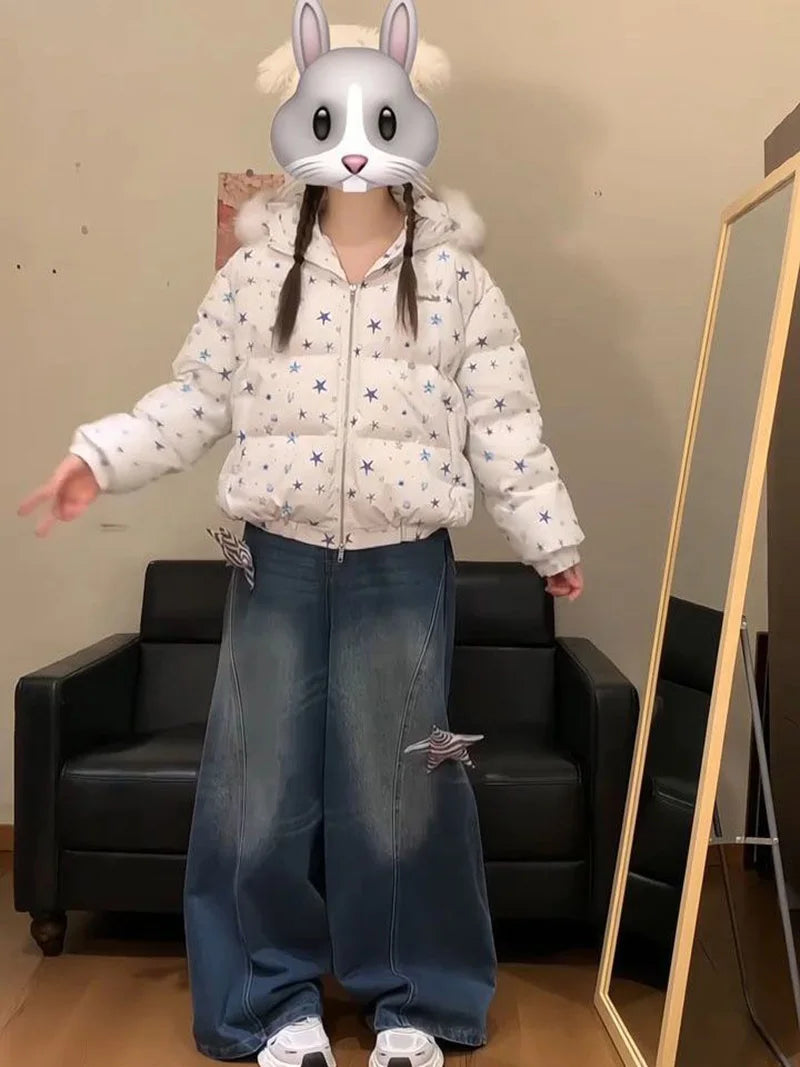 Women Winter Stars Sweet Parkas Fashion Hooded Warm Cute Puffy Coat Japan Long Sleeve Loose Female Preppy Style Chic Jacket New voguable